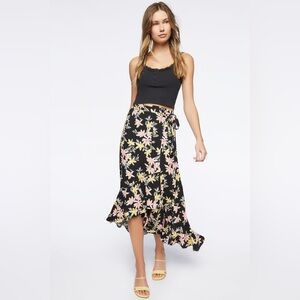 Forever 21 Floral Black High Low Wrap Skirt